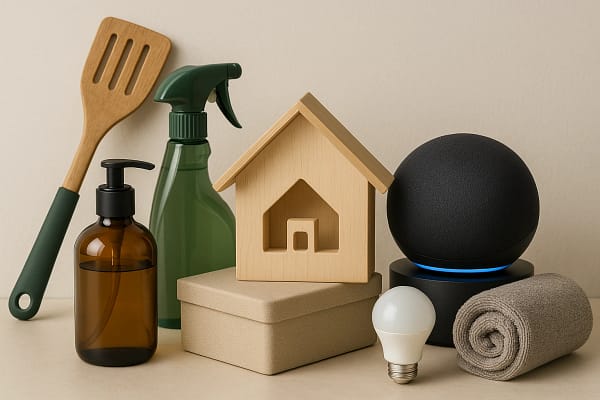 Collection of home essential items including kitchen spatula, spray bottle, soap dispenser, towel, LED bulb, smart speaker, wooden house model, and kitchen accessories